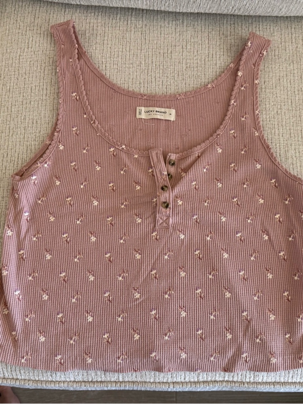 Lucky Brand Rose Pink Ribbed Tank with Tiny Floral Embroidery Size Medium